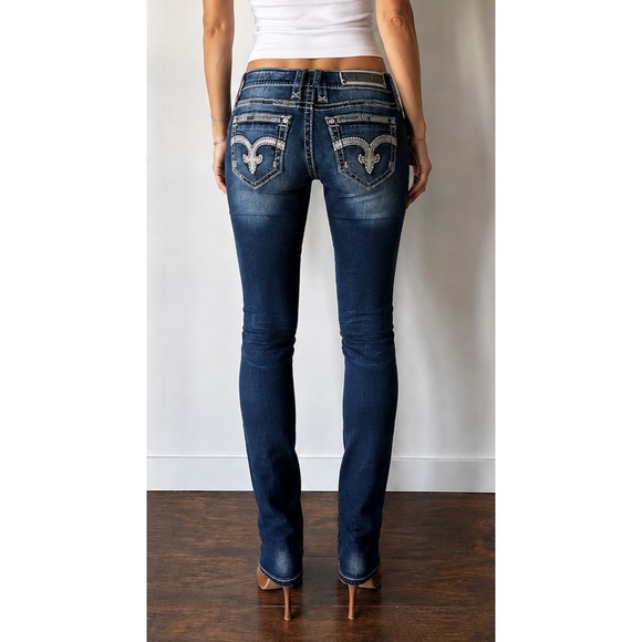 Rock Revival Denim - Rock Revival July Skinny Low Rise Jeans Size 27 Dark Wash Rhinestone Embellished